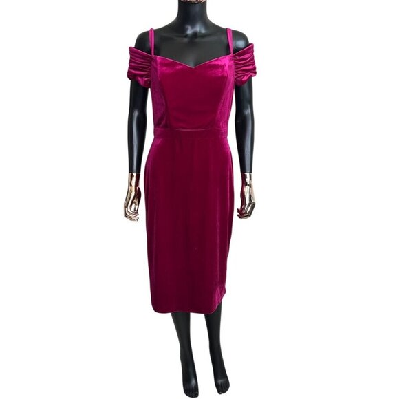 Laundry by Shelli Segal Fuchsia Velvet Cold Shoulder Midi Dress NWT Size 10 - Picture 4 of 13
